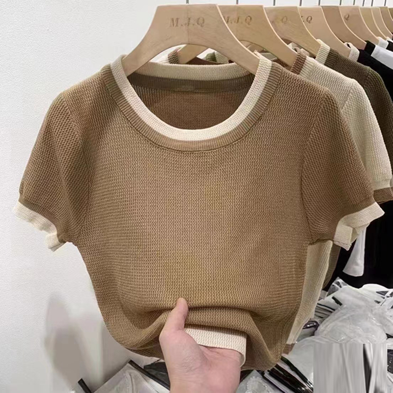 유럽 상품 단색 니트 스웨터 여성용 짧은 소매 티셔츠 라운드 넥 긍정적 인 어깨 여름 배색 프랑스식 만나는 Chic 맨위