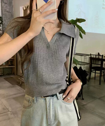 순수한 욕망 POLO 칼라 핫걸 디자인 센스 반팔 맨위 여성 의류 여름 새로운 고유 한 Chic 아름다운 니트 티셔츠