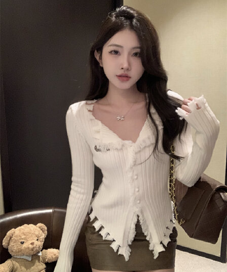 순수한 욕망 바람 디자인 센스 거친 가장자리 V넥 스웨터 몸매 가꾸기 슬림해 보이는 작은 대중 Chic 오픈 가디건 맨위