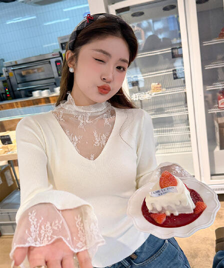 V넥 페이크 레이어드 레이스 기본 셔츠 여성 인사이드 가져 가라. 2026 가을 새로운 디자인 센스 스웨터 니트 맨위
