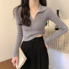批发V领针织打底衫修身内搭长袖设计感小众短款针织上衣女冰爽丝