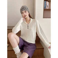 批发老钱风麻花针织<b class='q'>衫</b>女2026春秋V领纽扣套头翻领毛衣气质显瘦上衣潮