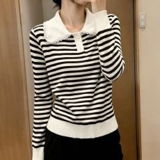 批发韩系撞色<b class='q'>蕾丝</b>翻领条纹针织衫女长袖宽松百搭减龄休闲上衣T恤打底