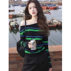 批发蓝绿色条纹<b class='q'>露肩</b>长袖T恤女2026早秋季新款独特漂亮小众不撞款<b class='q'>上衣</b>