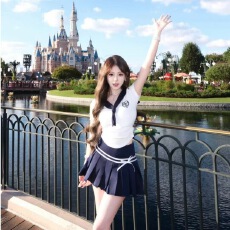 批发纯欲学院风撞色海军领无袖<b class='q'>上衣</b>女夏季新款甜美减龄高腰百褶裙套装