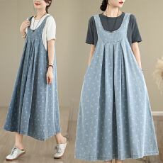 批发实拍2025年秋季新款复古印花胖MM宽松牛仔无袖<b class='q'>背带</b>裙