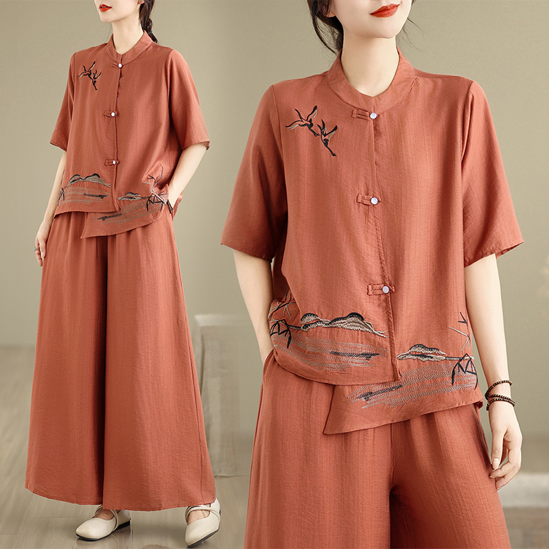 실사 2026 년 여름 새로운 레트로 문예 아마 자수 맨위 넓은 다리 길이 바지 투피스 세트