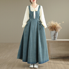 批发实拍秋冬蕾丝拼接开扣系带木耳边衬衫+侧面系腰可调节牛仔<b class='q'>背带</b>裙