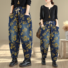 批发实拍2026年新款文艺复古<b class='q'>印花</b>宽松大码<b class='q'>印花</b>哈伦阔萝卜长裤