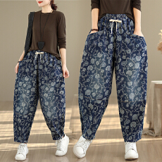 批发实拍2026年新款文艺复古<b class='q'>印花</b>宽松大码<b class='q'>印花</b>哈伦阔萝卜长裤