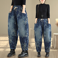 批发实拍2026年新款文艺复古<b class='q'>印花</b>宽松大码<b class='q'>印花</b>哈伦阔萝卜长裤