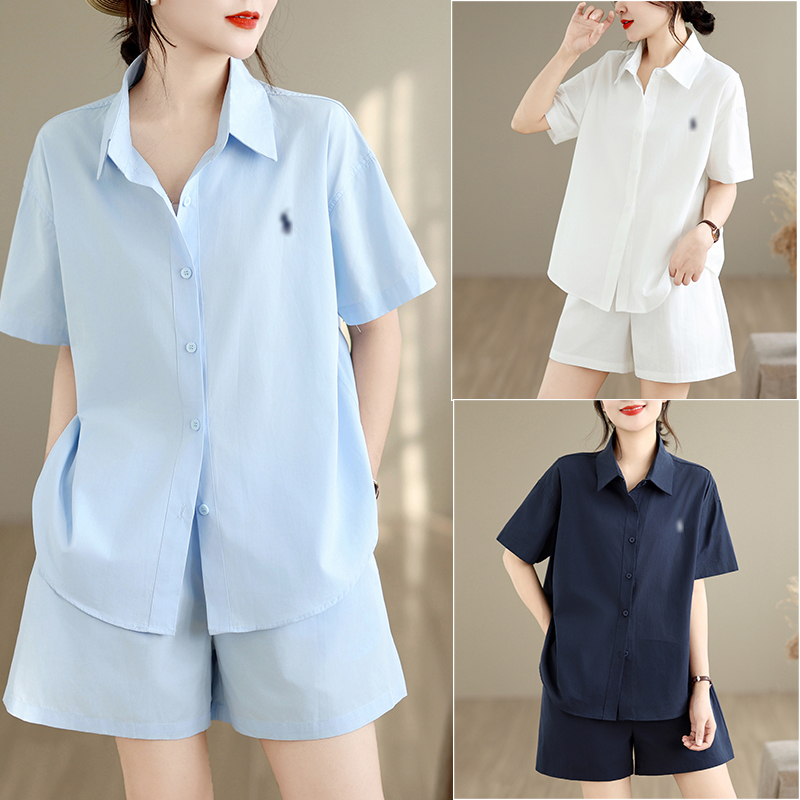 실사 새로운 폴로 칼라 싱글 줄 버튼 자수 반팔 셔츠 허리밴드 넓은 다리가 짧다. 바지 두 조각 여성 세트