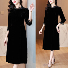 批发黑色丝绒<b class='q'>连衣裙</b>高端<b class='q'>正品</b>桑蚕丝新中式改良旗袍妈妈礼服