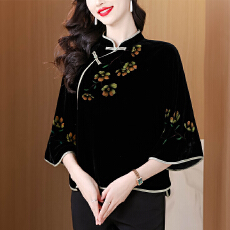 批发手绘真丝丝绒旗袍上衣女夏新中式民国风<b class='q'>七分袖</b>桑蚕丝小衫H