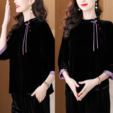 批发新款真丝丝绒上衣女七分袖桑蚕丝<b class='q'>T</b><b class='q'>恤</b>新中式纯色遮肉显瘦外套春秋