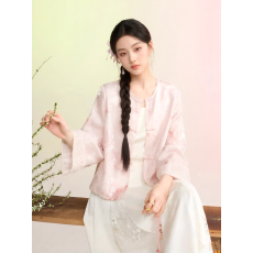 批发2026春季新款新中式提花短款外套粉色盘扣国风女