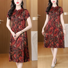 批发端庄大气短袖真丝<b class='q'>连衣裙</b>女中式领复古妈妈夏装高贵气质<b class='q'>桑蚕丝</b>裙子