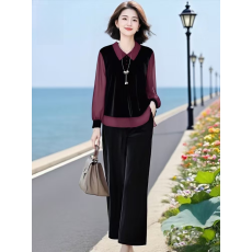 批发轻熟优雅金丝绒拼接<b class='q'>雪纺</b>假两件上衣+松紧腰显瘦直筒裤金丝绒套装