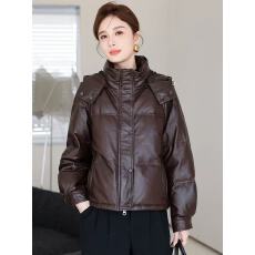 批发防风可拆帽<b class='q'>海宁</b><b class='q'>皮草</b>油蜡仿绵羊皮白鸭绒皮衣外套女短款皮羽绒服