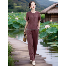 文艺国风简约通勤棉麻混纺假两件收腰上衣+舒适裤子套装