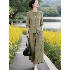 批发文艺国风高级感棉麻混纺上衣裤子亲肤舒适<b class='q'>套装</b>