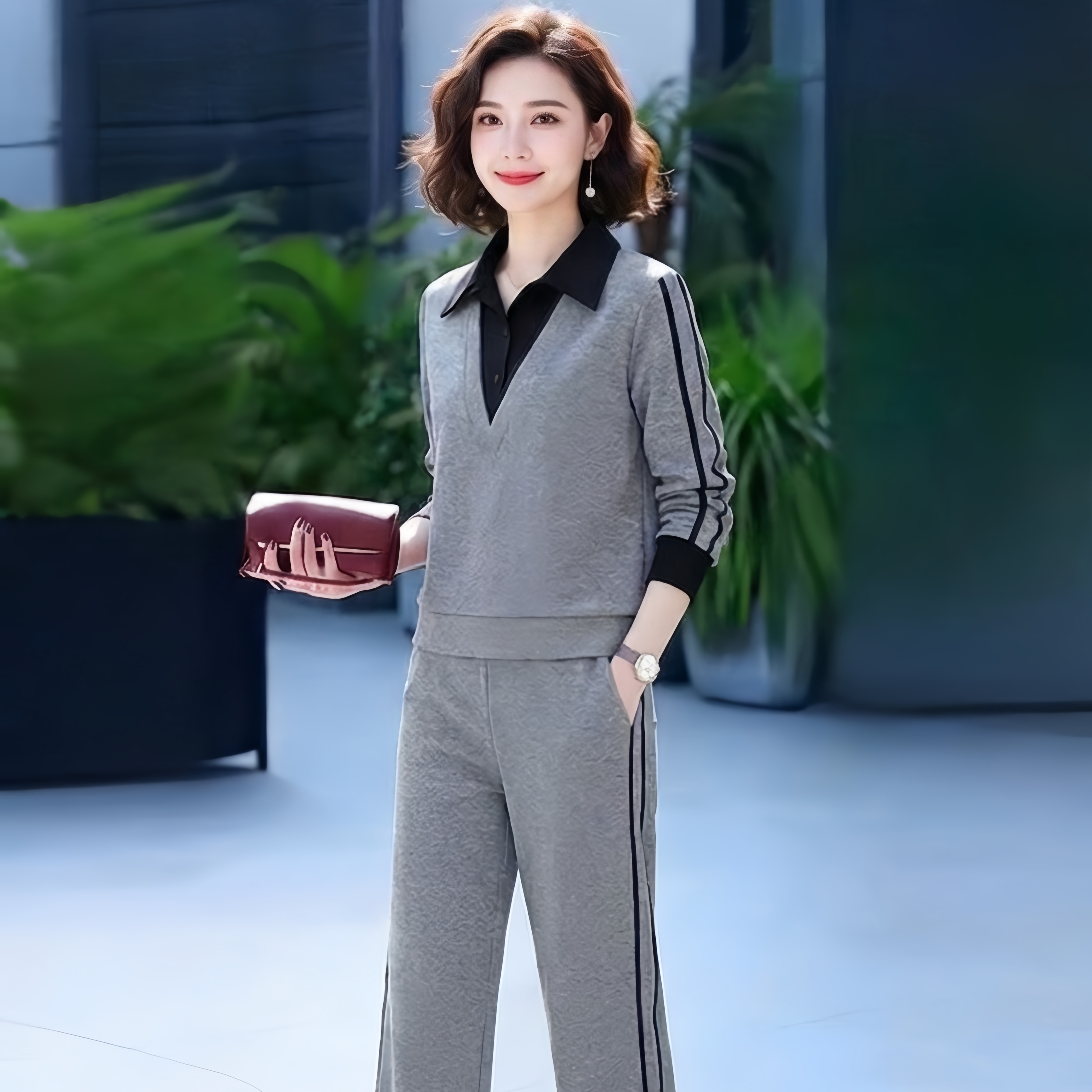 패션 캐주얼 자이언트 잘 생긴 ~ 중 스포츠 슈트 고급 센스 가짜 2 피스 슈트 POLO 칼라 후드티 와이드 레그 팬츠 투피스 세트