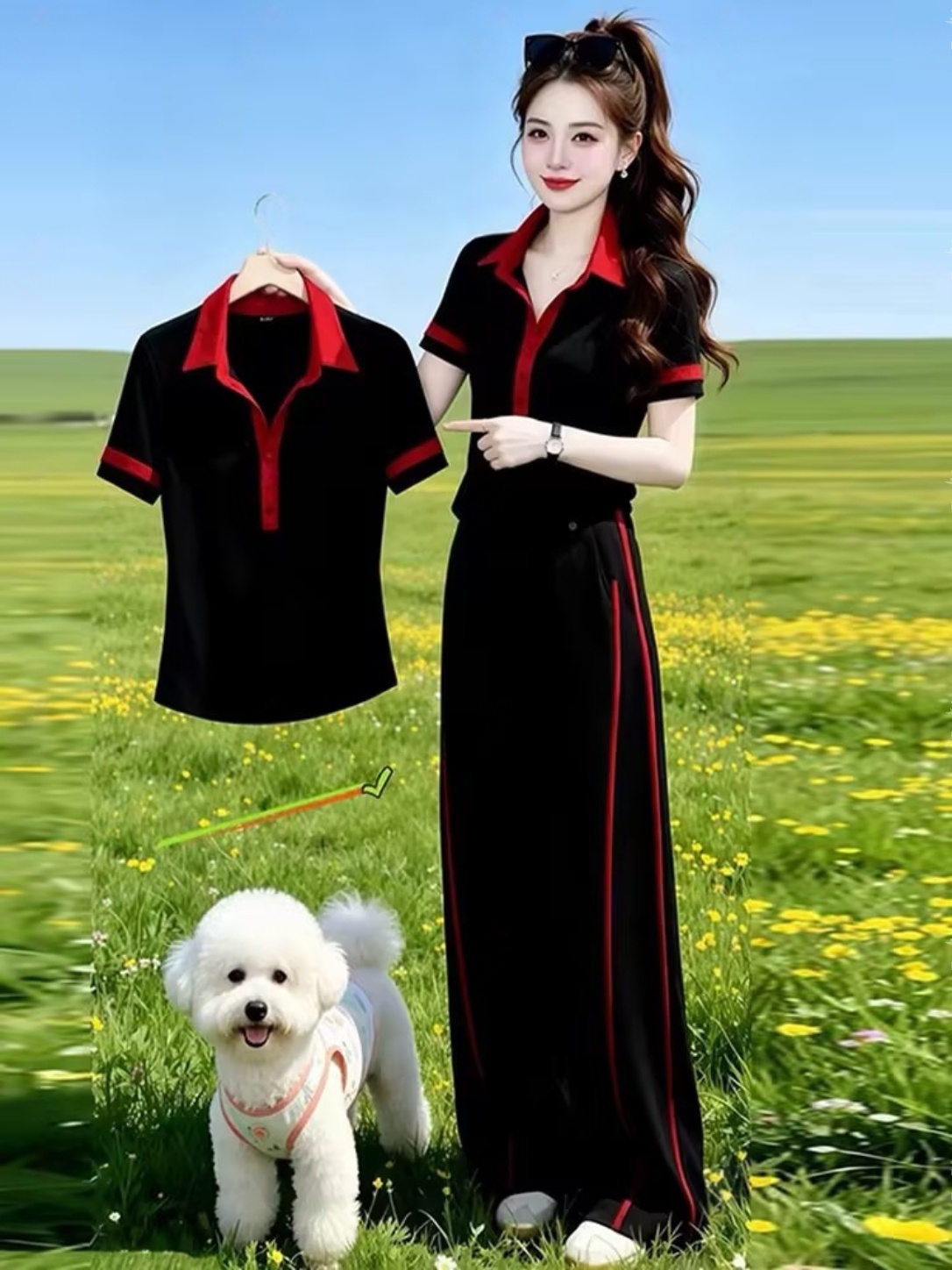 미니멀리즘 예술 외국 가스 POLO 칼라 티셔츠 하프 허리밴드 슬림해 보이는 캐주얼 바지 세트