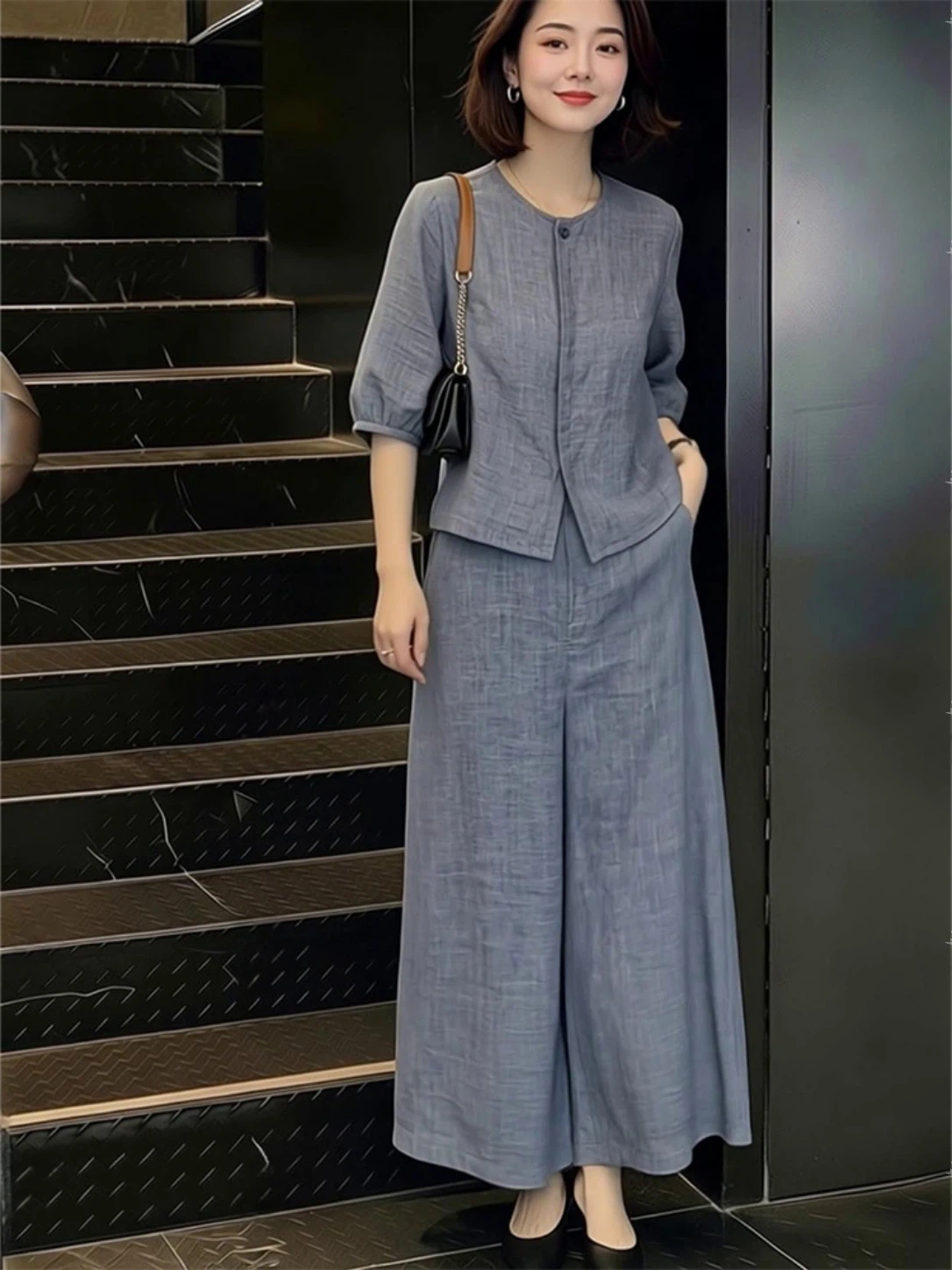 빛 요리 한 우아함 한 부서 ootd 착용 가져 가라. 고급 센스 회색 7부 소매 셔츠 허리밴드 와이드 레그 팬츠 투피스 세트