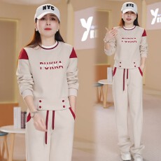 批发2026年春秋新款休闲套装女士显瘦减龄拼色<b class='q'>卫衣</b>阔腿裤两件套