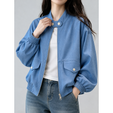 批发仿牛仔立领夹克女春秋新款宽松显瘦口袋拉链休闲短外套