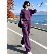 批发时尚休闲圆领套装上衣+松紧腰裤子套装