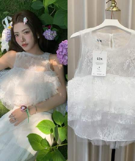 설탕 쓴맛 아님 맞춤 무거운 작업 도트 무늬 레이스 망사 민소매 조끼 맨위 달콤함 귀여운 연령 감소 소녀 퍼프