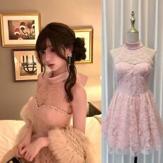 批发你家辣辣halo lala迷情玛丽猫缎面挂脖连衣裙女收腰蓬蓬短裙