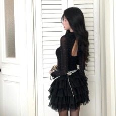 批发Barb Chill赫本风千金生日裙女冬圣诞黑色蛋糕裙摆烫钻针织连衣裙