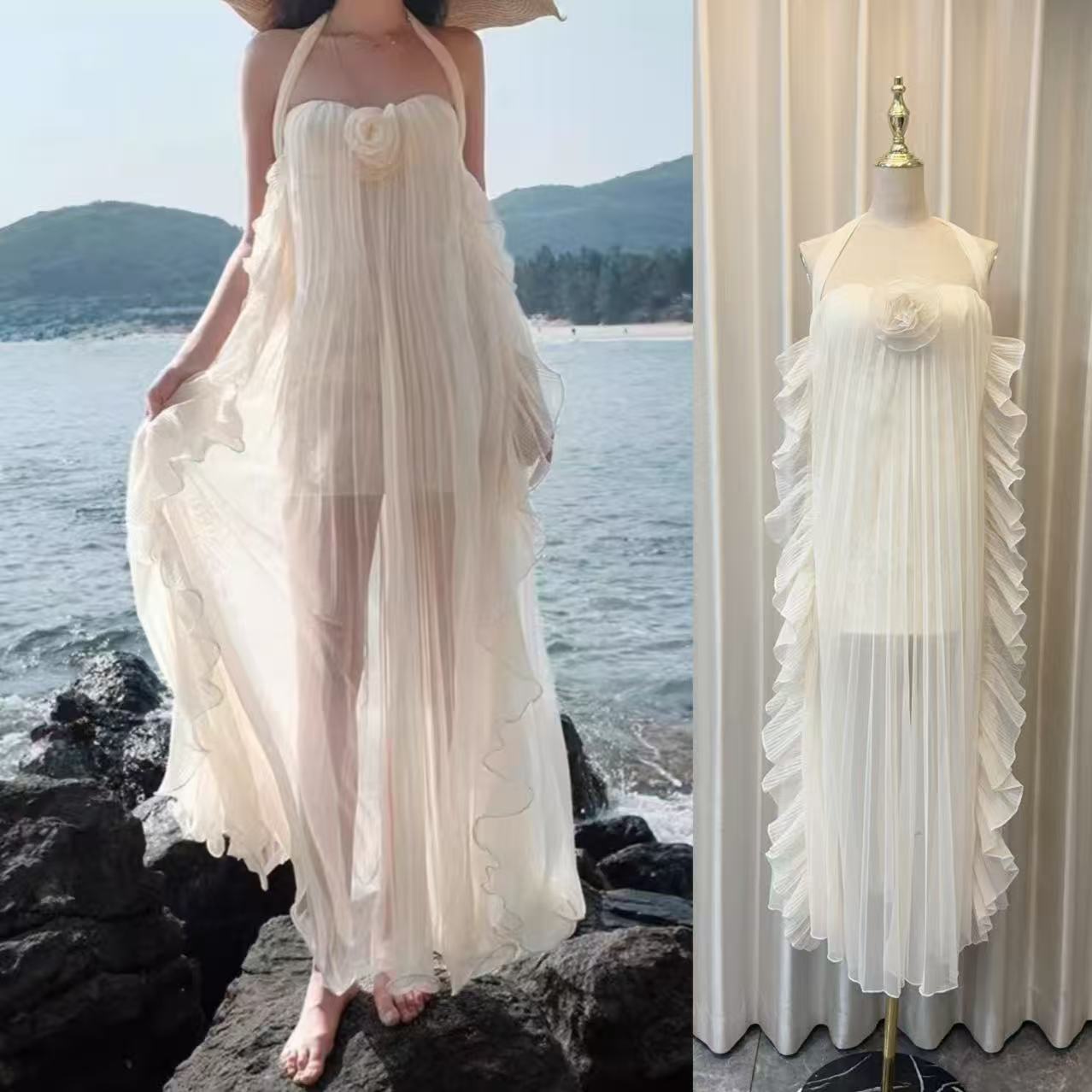 왕 추 물론 같은 단락 생일 데이트 망사 행침 목 튜브탑 백리스 분위기 센스 드레스