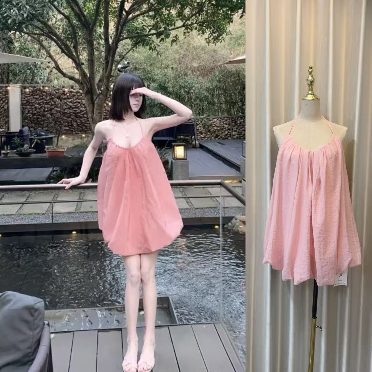 복숭아 꽃밭 섬세한 복숭아 핑크색 포함 62 아세트산 꽃밭 행침 목 레이스업 드레스 미니 스커트