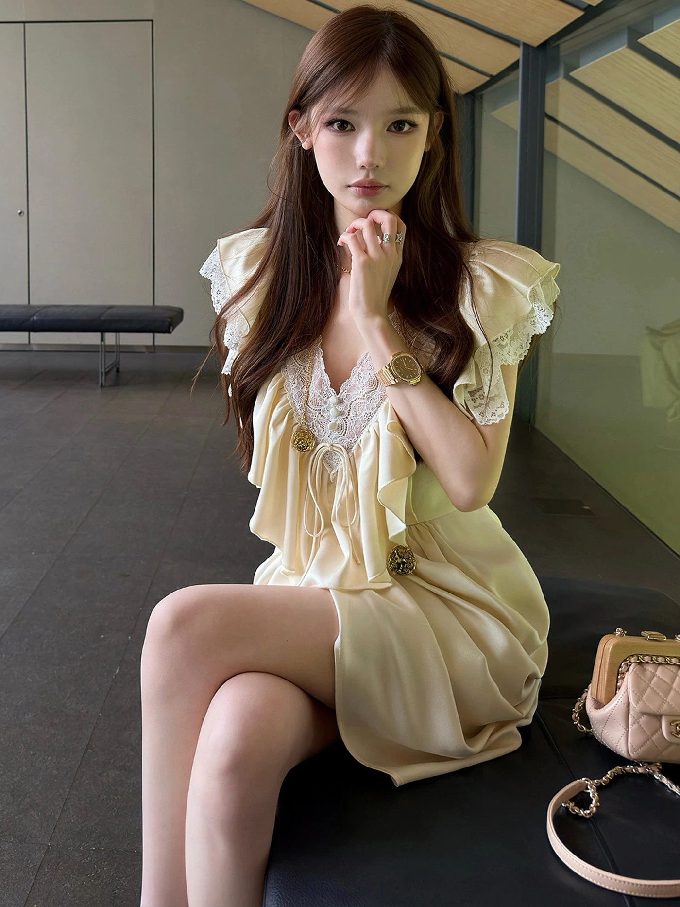 안나 같은 단락 생일 작은 행사 치마 고급 센스 장쑤 저장 및 상하이 천 골드 착용 가져 가라. 프랑스식 V넥 예복 주름 프릴