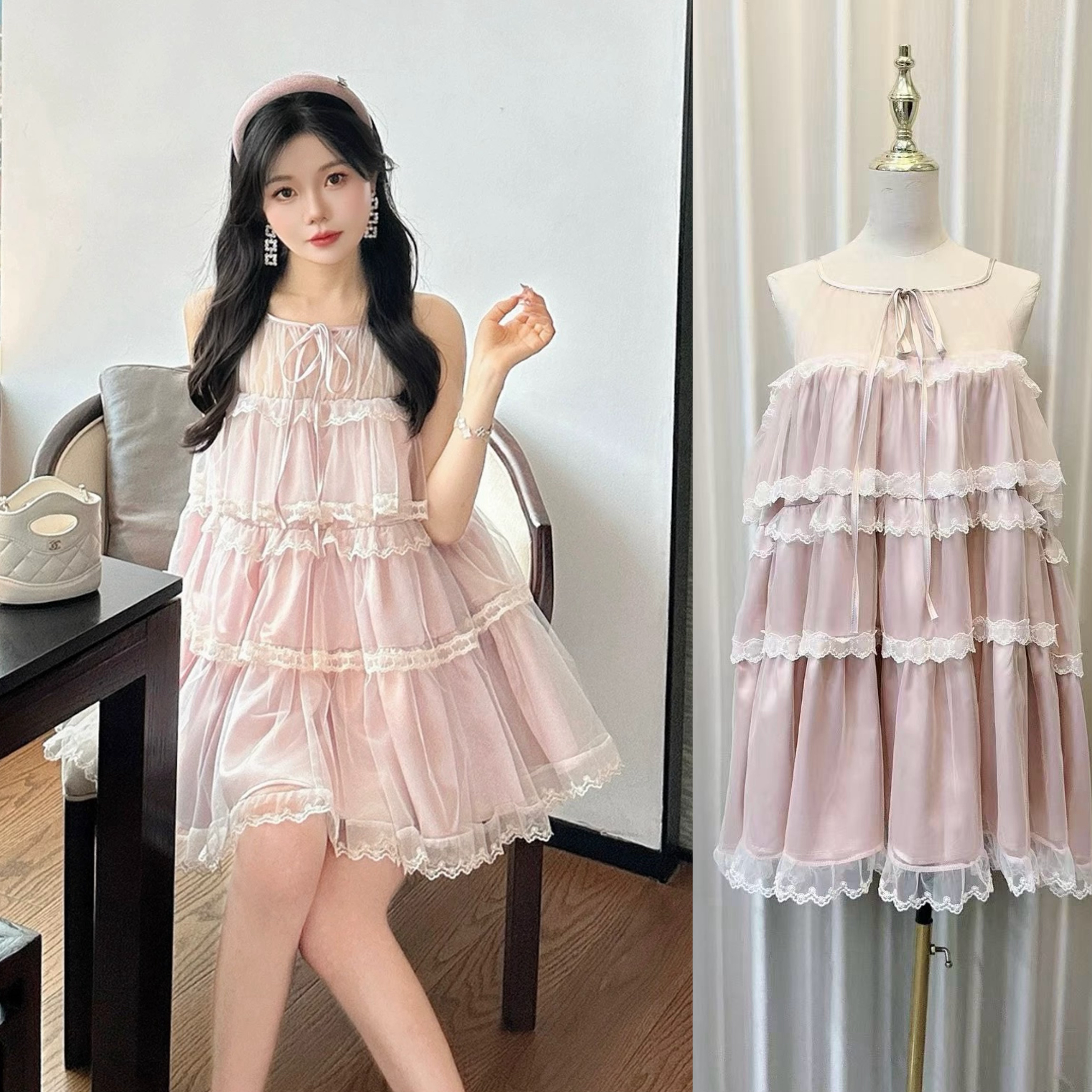 슬립 드레스 요정 프랑스식 달콤함 작은 샤넬 스타일 화이트 파우더 색상 레이스 망사 새틴 퍼프 케이크 인형 치마