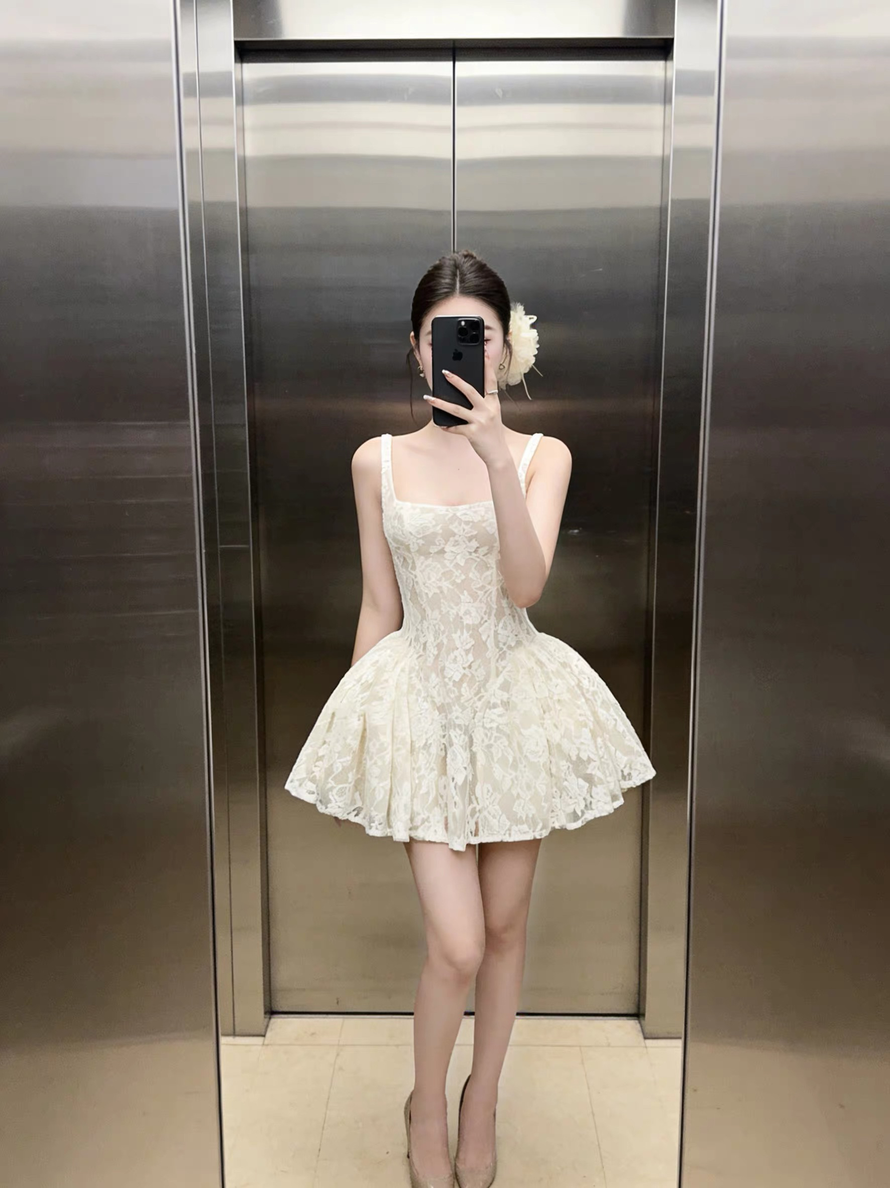순수한 욕망 바람 섹시함 레이스 자수 슬립 여성 드레스 여름 고급 센스 허리 수축 슬림해 보이는 품격 퍼프 스커트