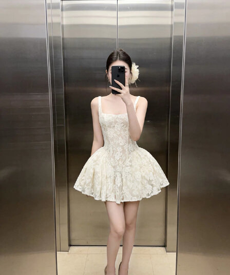 순수한 욕망 바람 섹시함 레이스 자수 슬립 여성 드레스 여름 고급 센스 허리 수축 슬림해 보이는 품격 퍼프 스커트