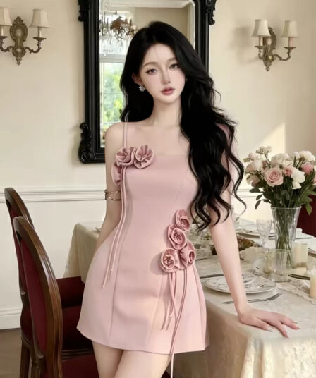 프랑스식 부드러운 바람 3 차원 꽃 슬립 여성 드레스 고급 센스 미니멀리즘 대기 몸매 가꾸기 슬림해 보이는 작은 드레스 치마