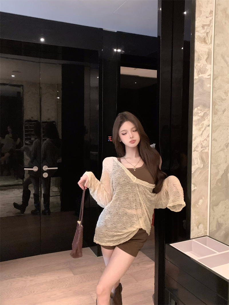 BY35918# 长袖T恤女新款v领防晒罩衫小众宽松慵懒辣妹上衣  服裝批發女裝批發服飾貨源