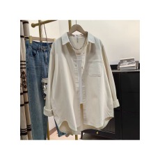 批发米白色全棉磨毛加厚衬衫女春新款韩版<b class='q'>休闲</b>宽松上衣中长款工装外套