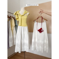 批发韩系高级感白色蕾丝高腰半身<b class='q'>裙</b>女春季薄款垂感棉麻中长款a字<b class='q'>伞</b><b class='q'>裙</b>