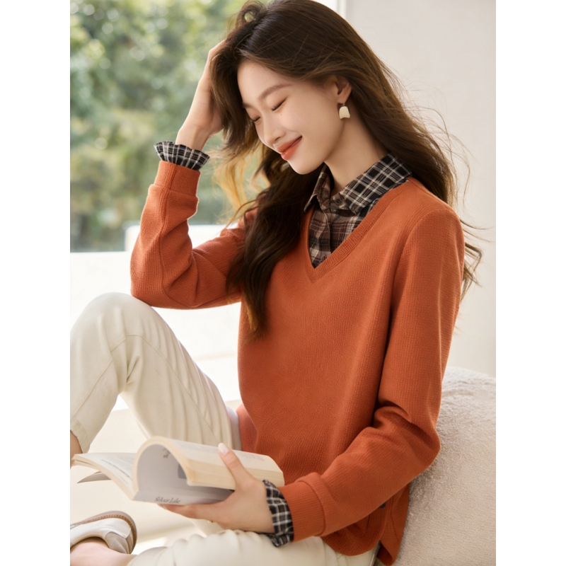 실사 2026 년 봄 새로운 레트로 학원 스타일 후드티 여성 페이크 레이어드 셔츠 칼라 패치워크 캐주얼 맨위