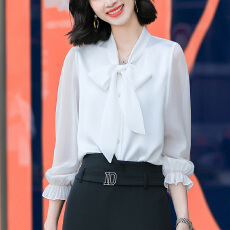 批发实拍2026新款女装韩版蝴蝶结飘带衬衣气质通勤<b class='q'>衬衫女</b>蕾丝别致上衣