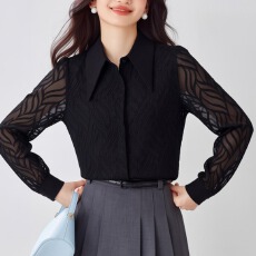 批发2026年春季Polo领黑色<b class='q'>雪纺</b>衬衫女新款设计感小众复古法式长袖上衣