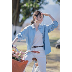 批发蓝色纯棉衬衫女宽松设计感2026春季新款女装<b class='q'>气质</b>休闲<b class='q'>外套</b>上衣