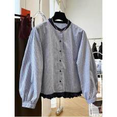 批发高级感法式条纹长袖小衫女春季纯棉圆领气质<b class='q'>衬衫</b>木耳边短款上衣