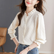 批发春装新款木耳边立领女士纯棉<b class='q'>衬衫</b>设计感别致洋气小衫百搭长袖上衣